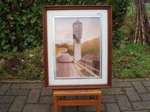 dipinto paesaggio con campanile